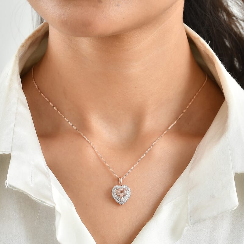 Certified and Appraised D'Joy Marropino Morganite and Moissanite 1.40 ctw Heart Pendant Necklace in 18K Vermeil Rose Gold Over Sterling Silver (18 Inches)