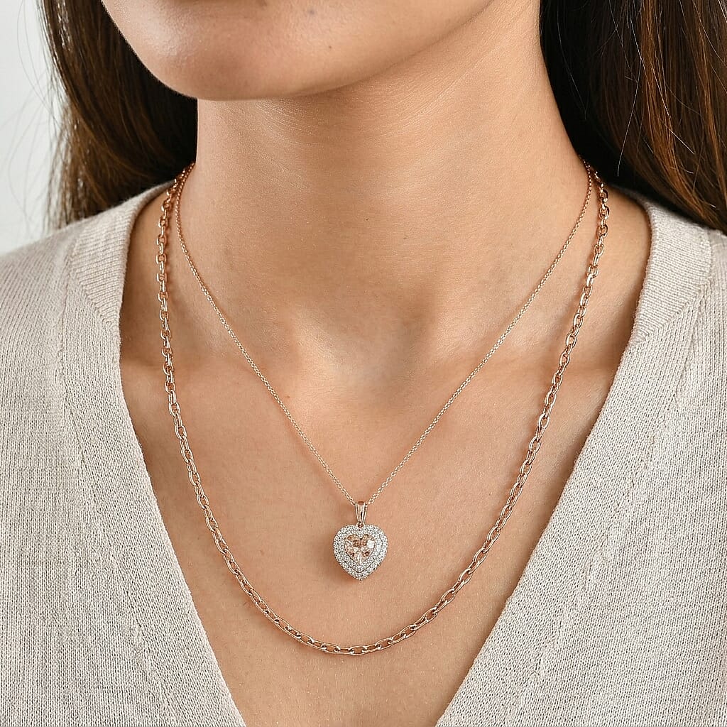 Certified and Appraised D'Joy Marropino Morganite and Moissanite 1.40 ctw Heart Pendant Necklace in 18K Vermeil Rose Gold Over Sterling Silver (18 Inches)