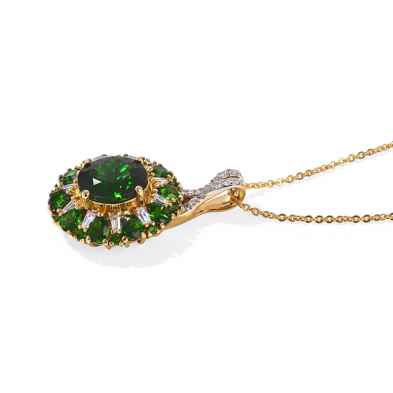 D'Joy Chrome Diopside and Moissanite 5.10 ctw Blooming Radiance Pendant Necklace in 18K Vermeil Yellow Gold Over Sterling Silver 20 Inches