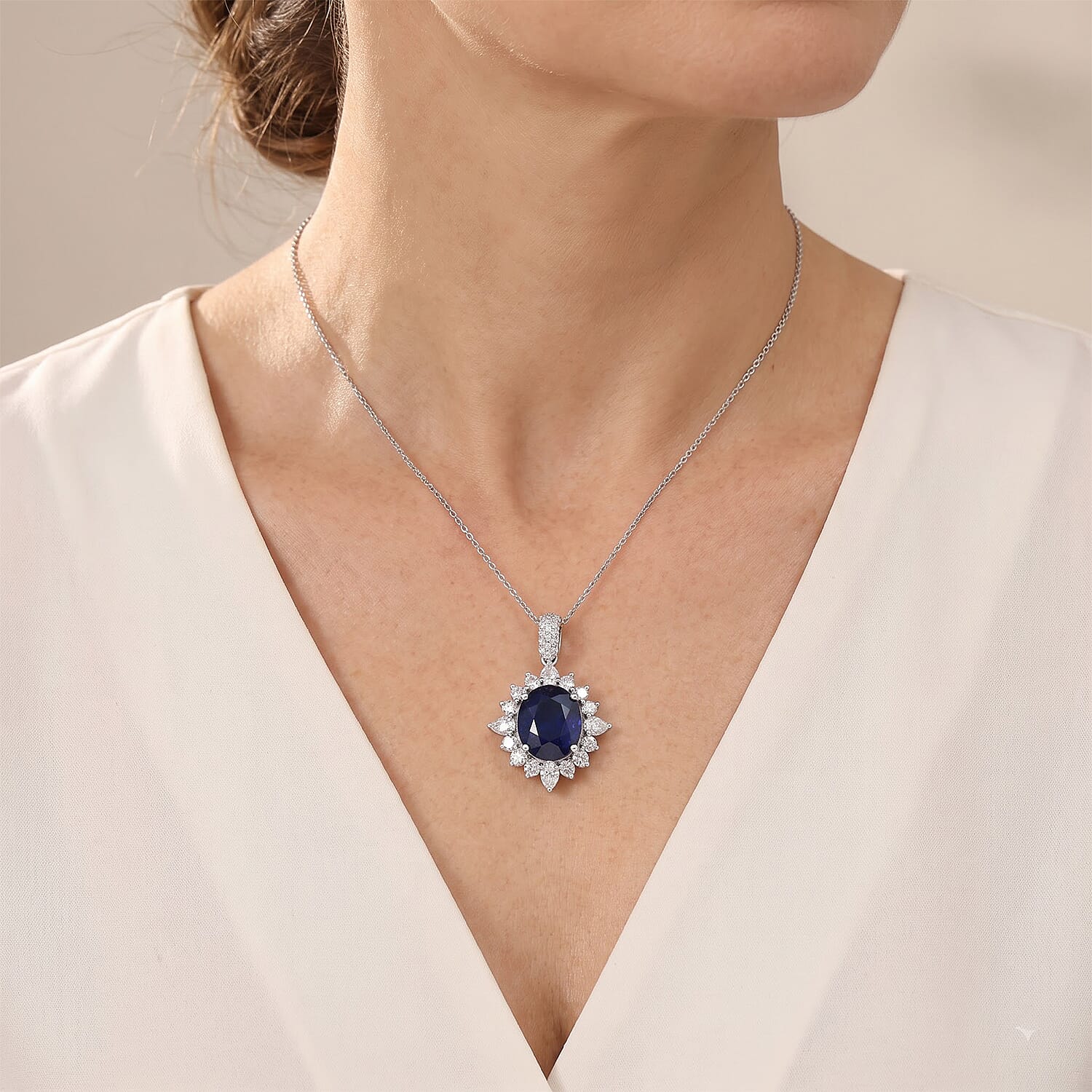 D'Joy Premium Masoala Sapphire (D) and White Topaz 9.25 ctw Pendant Necklace in Rhodium Over Sterling Silver 20 Inches