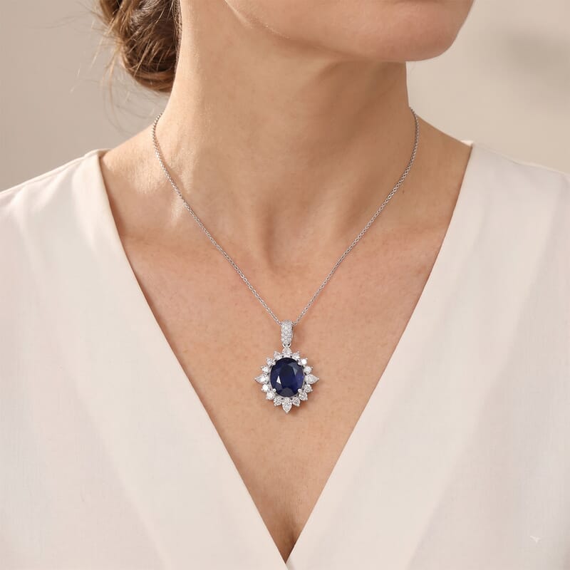 D'Joy Premium Masoala Sapphire (D) and White Topaz 9.25 ctw Pendant Necklace in Rhodium Over Sterling Silver 20 Inches