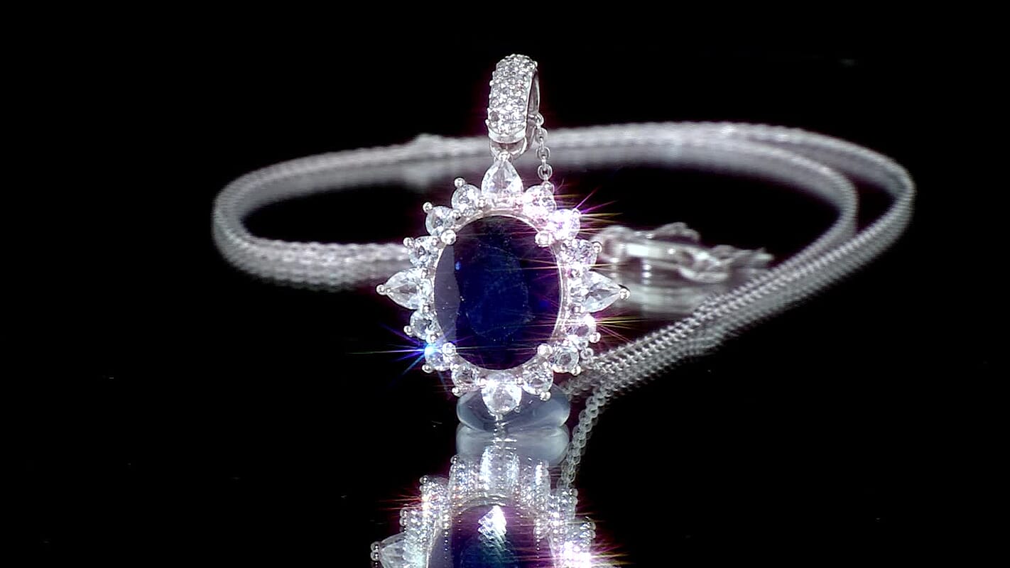 D''Joy Premium Masoala Sapphire (D) and White Topaz 9.25 ctw Pendant Necklace in Rhodium Over Sterling Silver 20 Inches