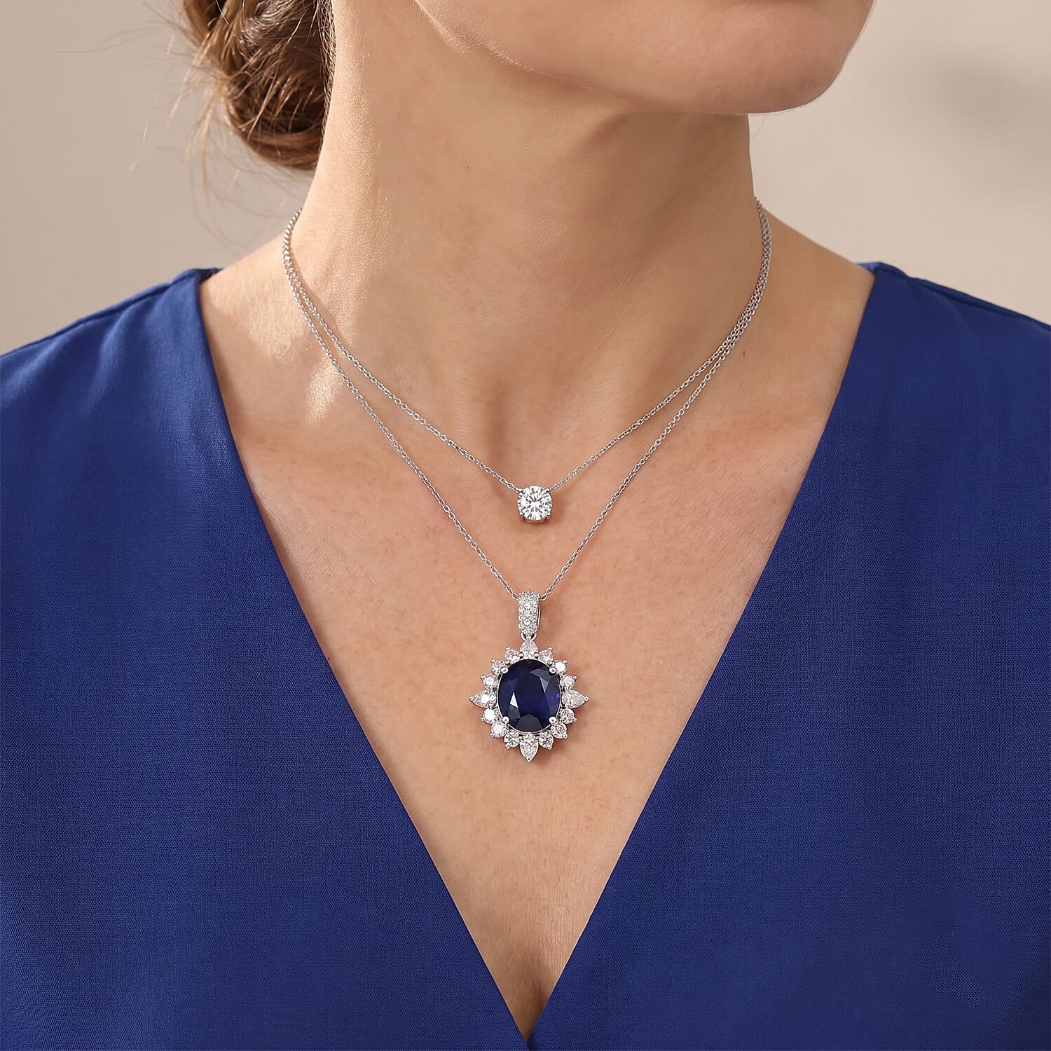 D'Joy Premium Masoala Sapphire (D) and White Topaz 9.25 ctw Pendant Necklace in Rhodium Over Sterling Silver 20 Inches