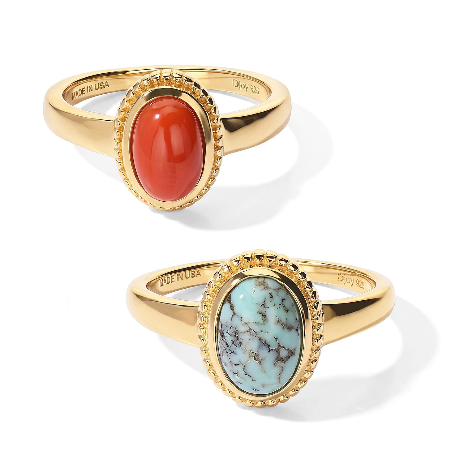 D'Joy Blue Moon Turquoise and Coral 3.20 ctw Colorblock Duo Ring Set in 18K Vermeil Yellow Gold Over Sterling Silver (Size 7.0)