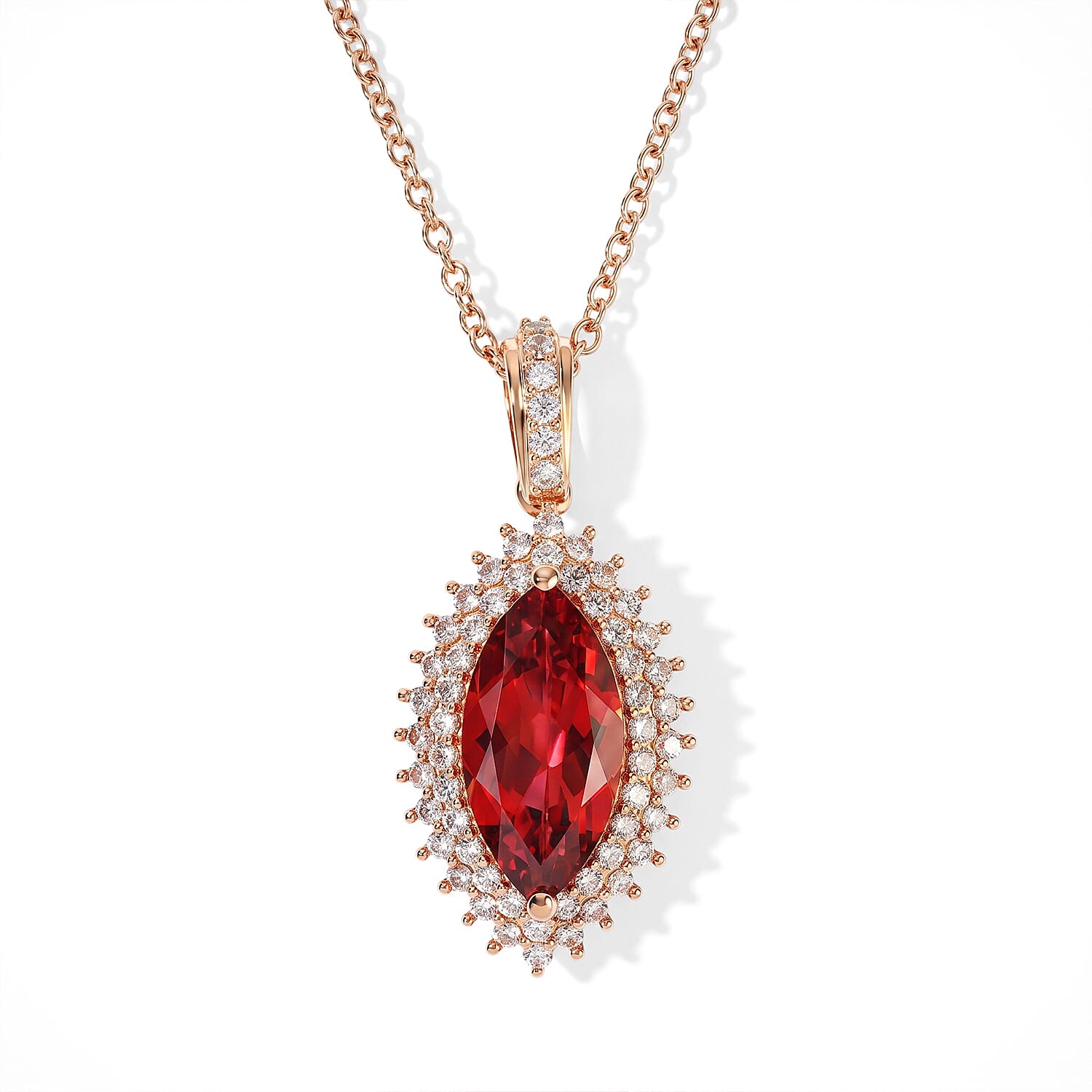 EverTrue Lab Created Padparadscha Sapphire and White Zircon 6.90 ctw Pendant in 18K RG Plated with ION Plated RG Stainless Steel Necklace 20 Inches