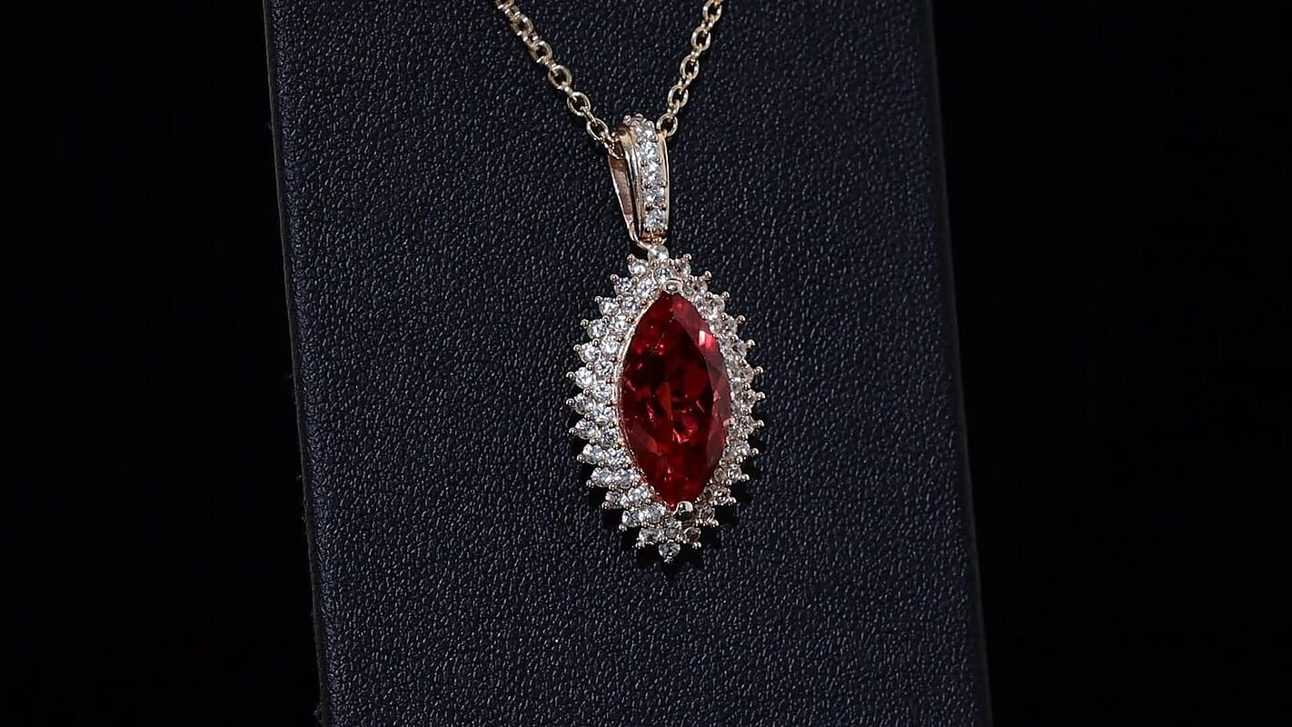 EverTrue Lab Created Padparadscha Sapphire and White Zircon 6.90 ctw Pendant in 18K RG Plated with ION Plated RG Stainless Steel Necklace 20 Inches
