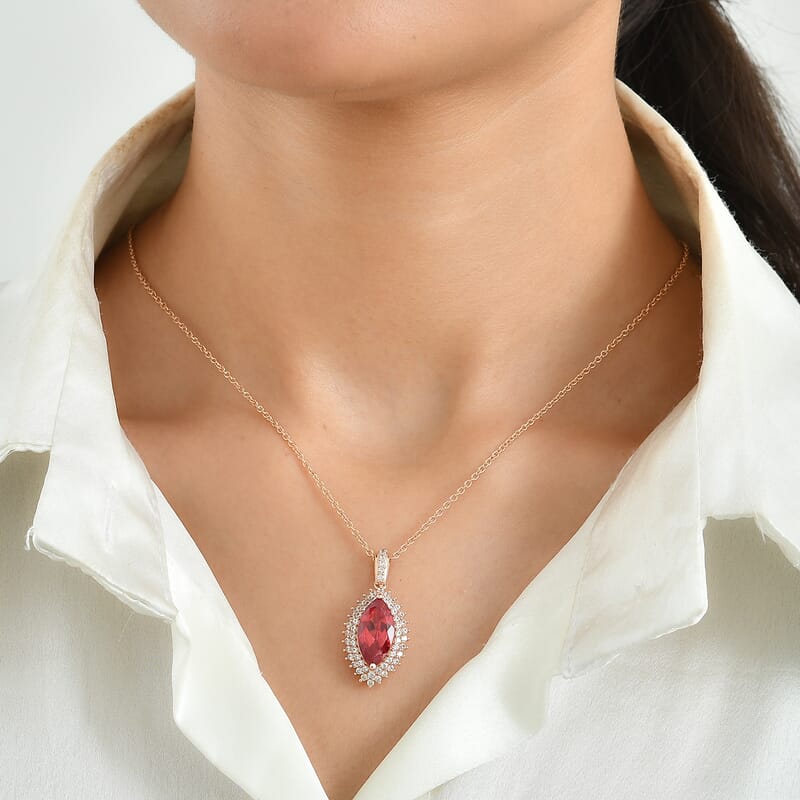 EverTrue Lab Created Padparadscha Sapphire and White Zircon 6.90 ctw Pendant in 18K RG Plated with ION Plated RG Stainless Steel Necklace 20 Inches