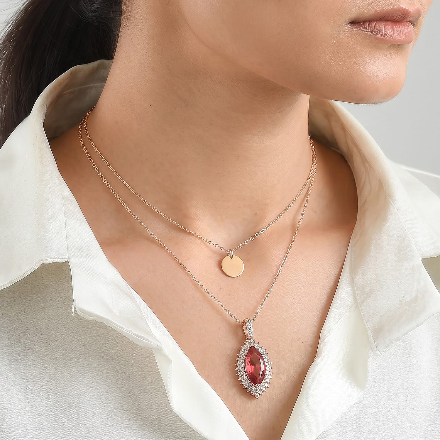 EverTrue Lab Created Padparadscha Sapphire and White Zircon 6.90 ctw Pendant in 18K RG Plated with ION Plated RG Stainless Steel Necklace 20 Inches