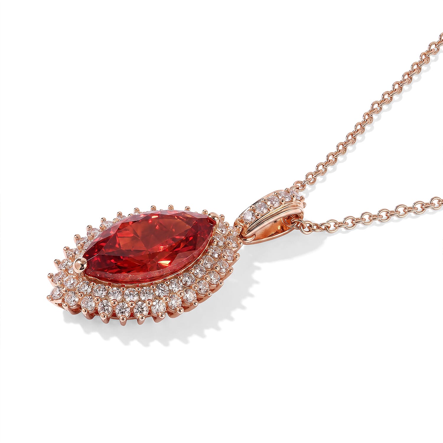 EverTrue Lab Created Padparadscha Sapphire and White Zircon 6.90 ctw Pendant in 18K RG Plated with ION Plated RG Stainless Steel Necklace 20 Inches