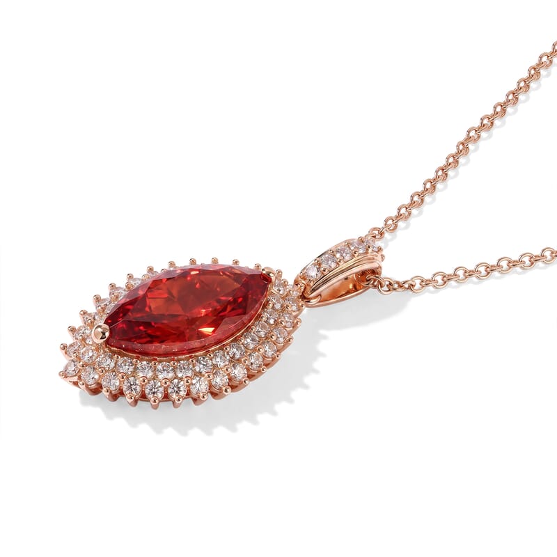 EverTrue Lab Created Padparadscha Sapphire and White Zircon 6.90 ctw Pendant in 18K RG Plated with ION Plated RG Stainless Steel Necklace 20 Inches