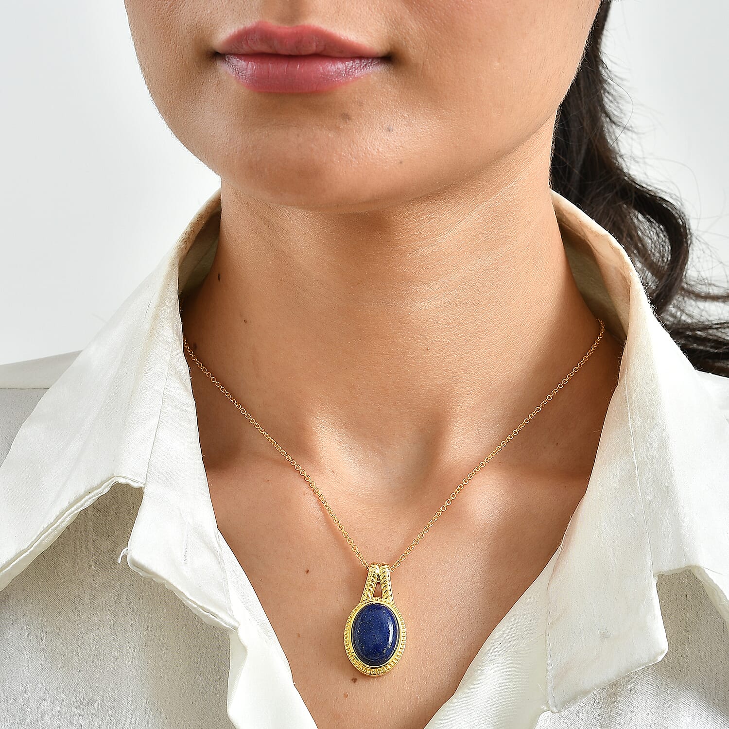 EverTrue Lapis Lazuli 12.90 ctw Pendant in 18K YG Plated with ION Plated YG Stainless Steel Necklace 20 Inches