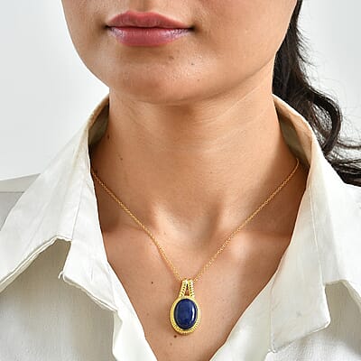 EverTrue Lapis Lazuli 12.90 ctw Pendant in 18K YG Plated with ION Plated YG Stainless Steel Necklace 20 Inches