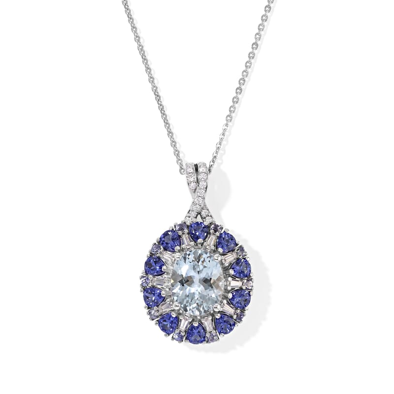 D'Joy Premium Mangoro Santo Aquamarine and Multi Gemstone 4.30 ctw Blooming Radiance Pendant Necklace in Rhodium Over Sterling Silver 20 Inches