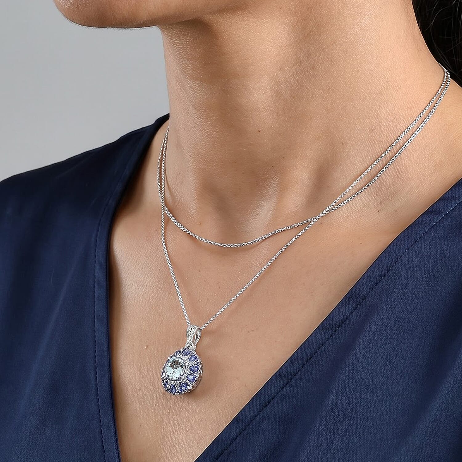 D'Joy Premium Mangoro Santo Aquamarine and Multi Gemstone 4.30 ctw Blooming Radiance Pendant Necklace in Rhodium Over Sterling Silver 20 Inches