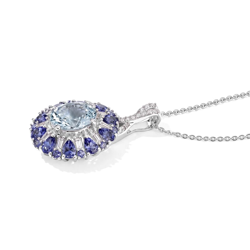 D'Joy Premium Mangoro Santo Aquamarine and Multi Gemstone 4.30 ctw Blooming Radiance Pendant Necklace in Rhodium Over Sterling Silver 20 Inches