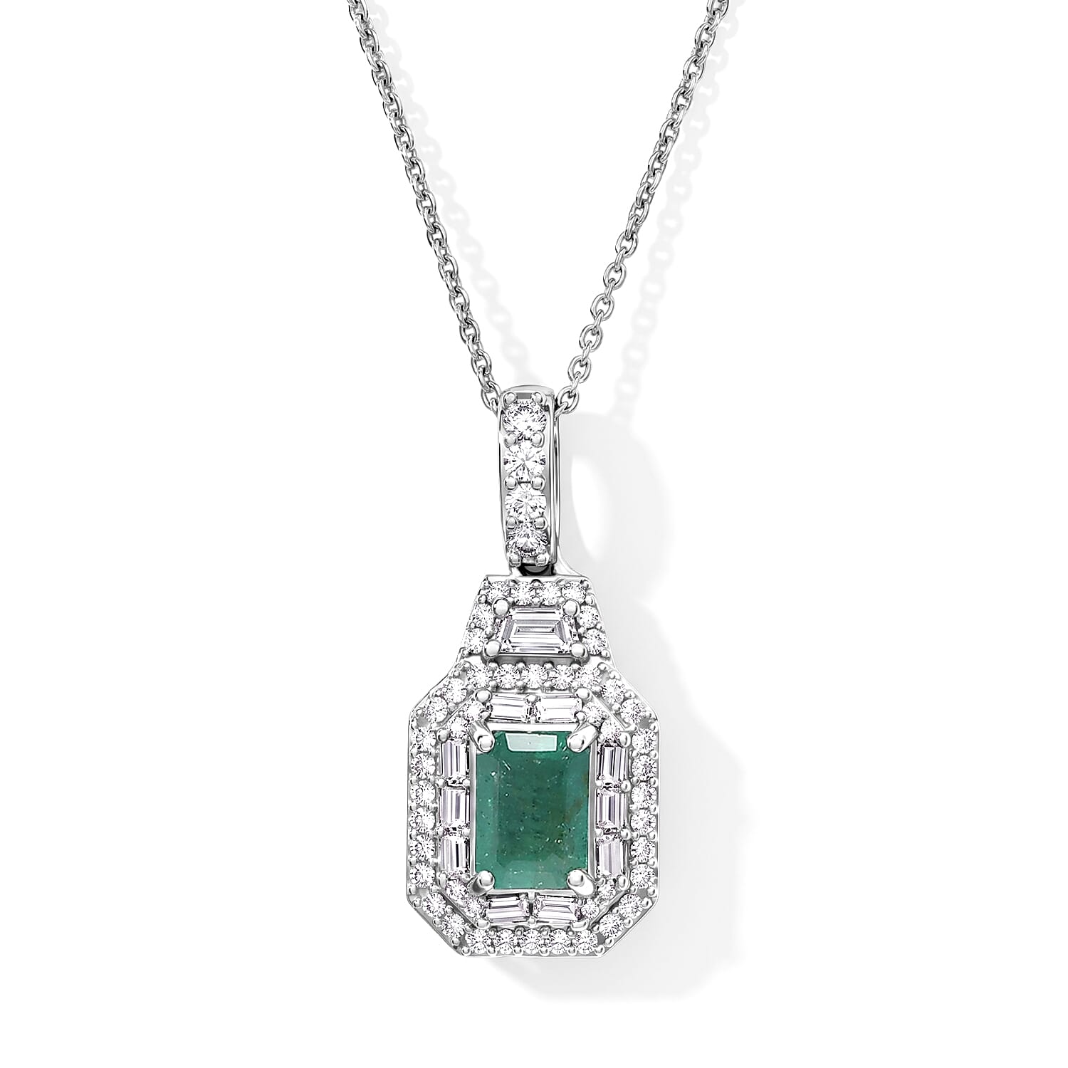 D''Joy Premium Kagem Zambian Emerald and Moissanite 1.50 ctw Pendant Necklace (20 Inches) in Rhodium Over Sterling Silver