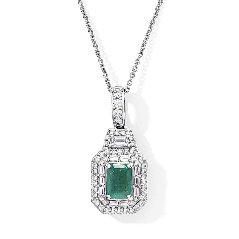 D'Joy Premium Kagem Zambian Emerald and Moissanite 1.50 ctw Pendant Necklace (20 Inches) in Rhodium Over Sterling Silver