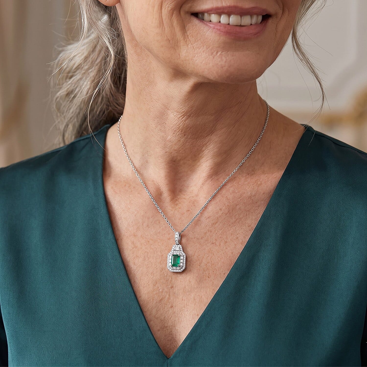 D'Joy Premium Kagem Zambian Emerald and Moissanite 1.50 ctw Pendant Necklace (20 Inches) in Rhodium Over Sterling Silver
