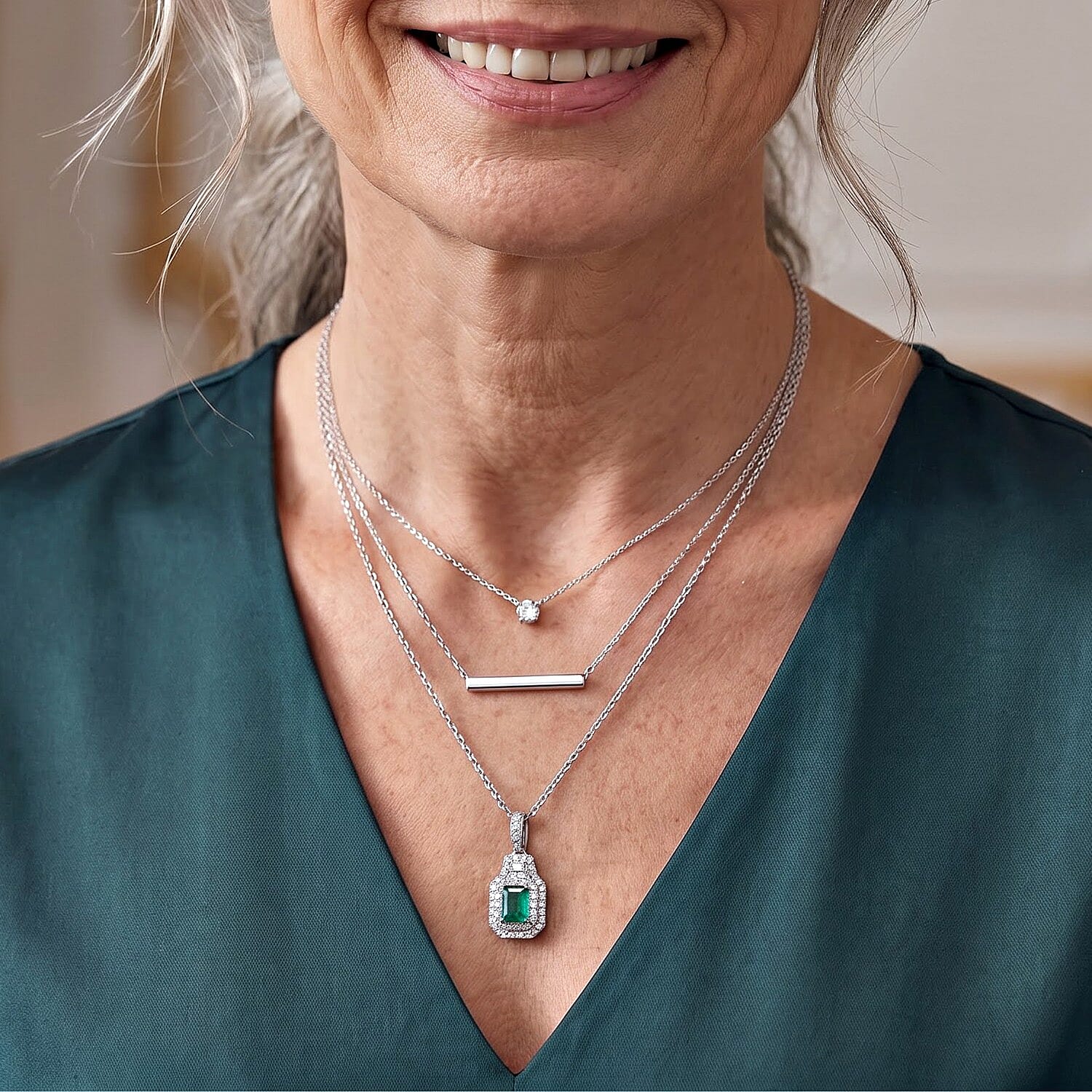 D'Joy Premium Kagem Zambian Emerald and Moissanite 1.50 ctw Pendant Necklace (20 Inches) in Rhodium Over Sterling Silver