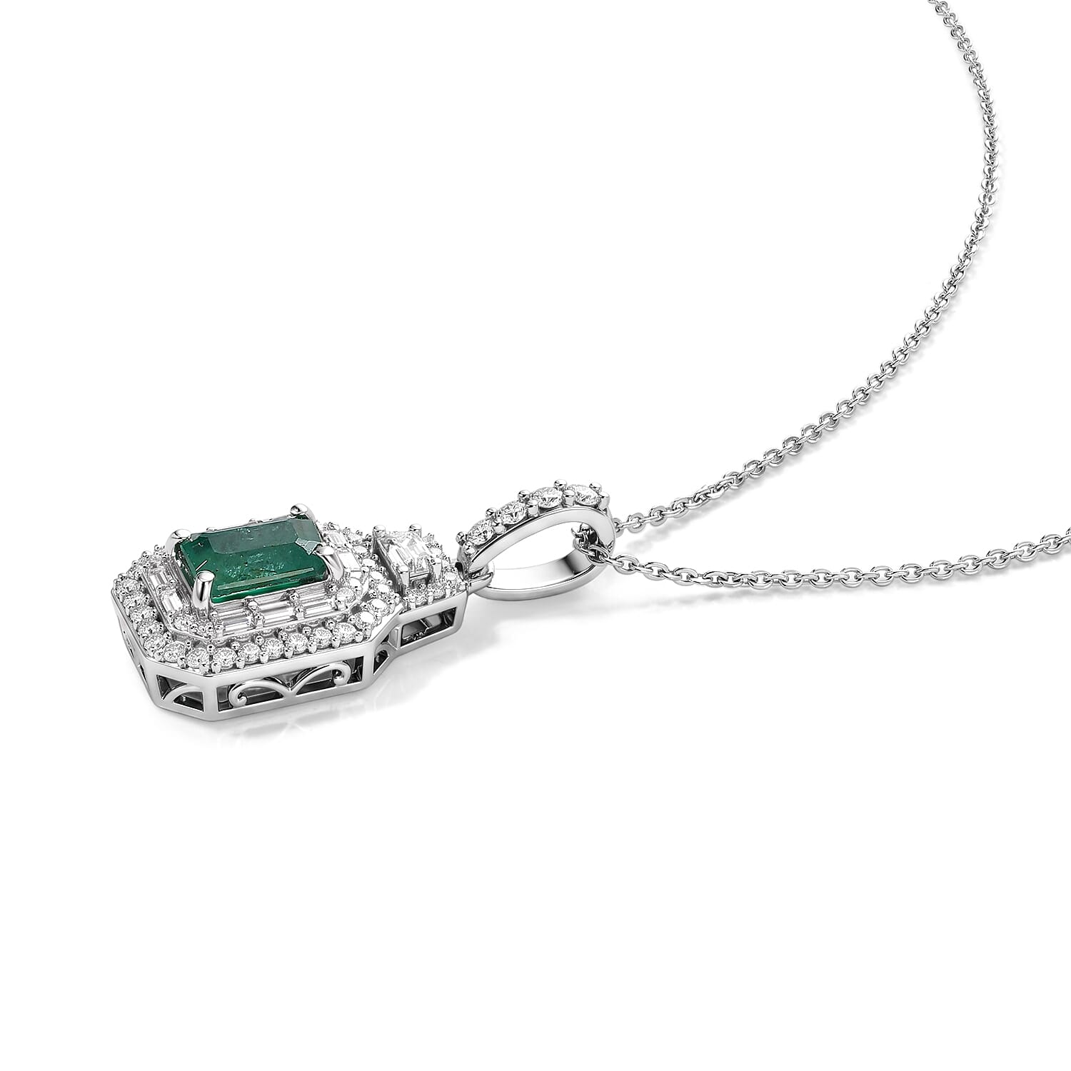 D'Joy Premium Kagem Zambian Emerald and Moissanite 1.50 ctw Pendant Necklace (20 Inches) in Rhodium Over Sterling Silver