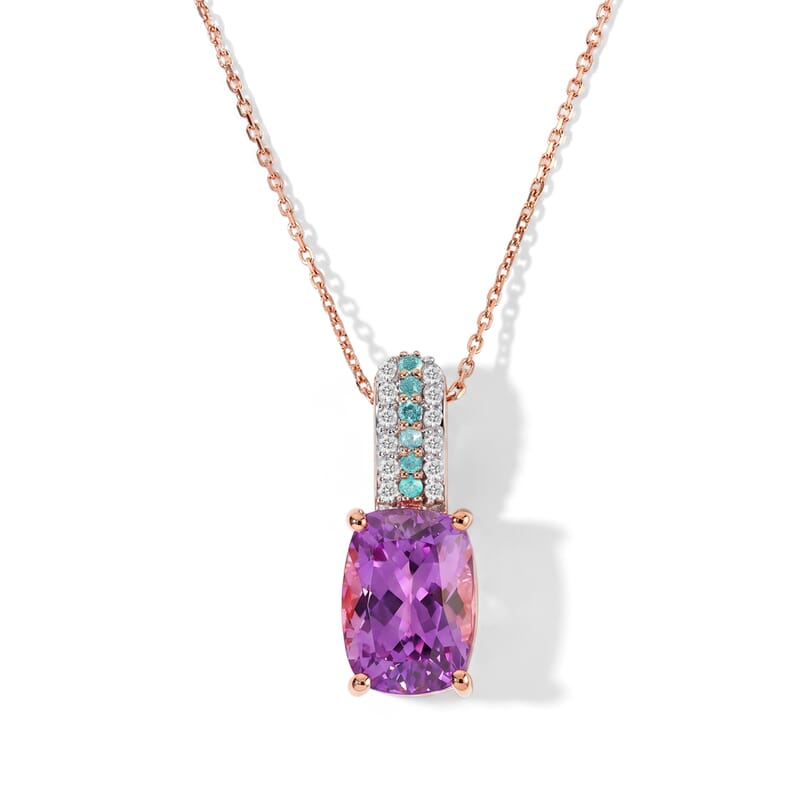Luxoro AAA Patroke Kunzite, Paraiba Tourmaline and Diamond I2 3.40 ctw Azure Line Pendant Necklace in 10K Rose Gold 20 Inches