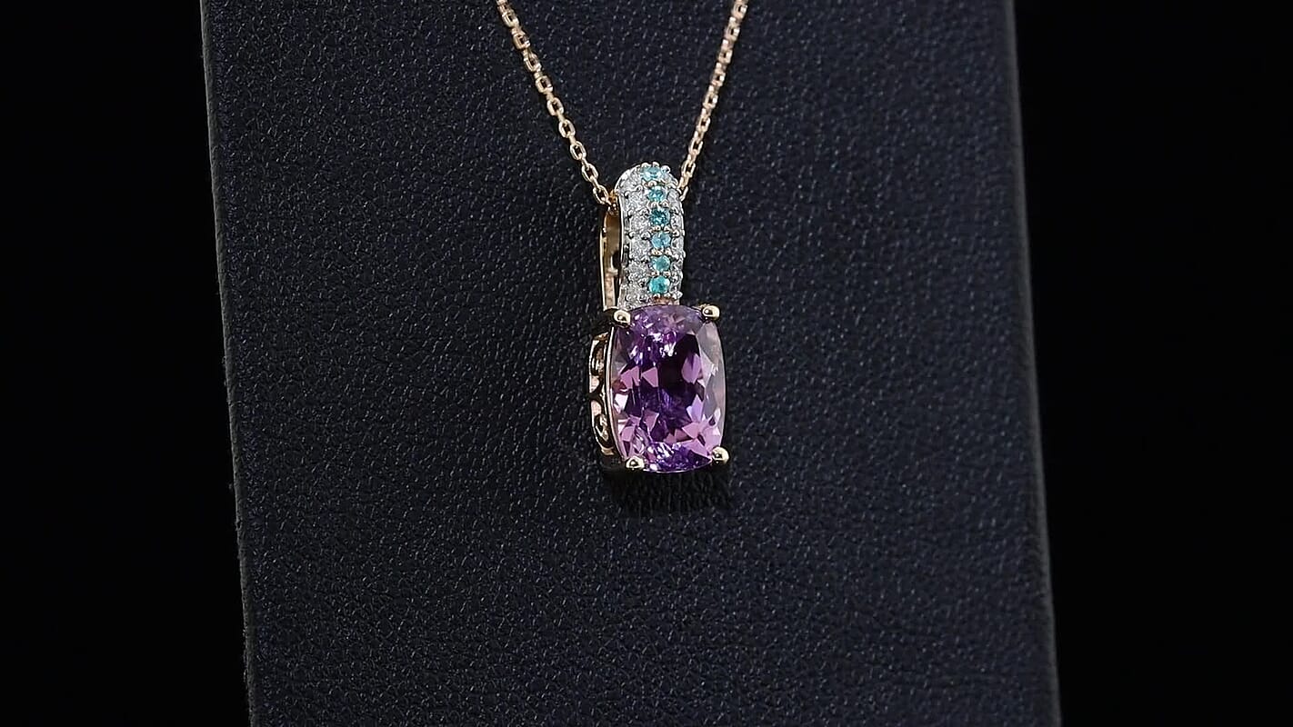 Luxoro AAA Patroke Kunzite, Paraiba Tourmaline and Diamond I2 3.40 ctw Pendant Necklace in 10K Rose Gold 20 Inches