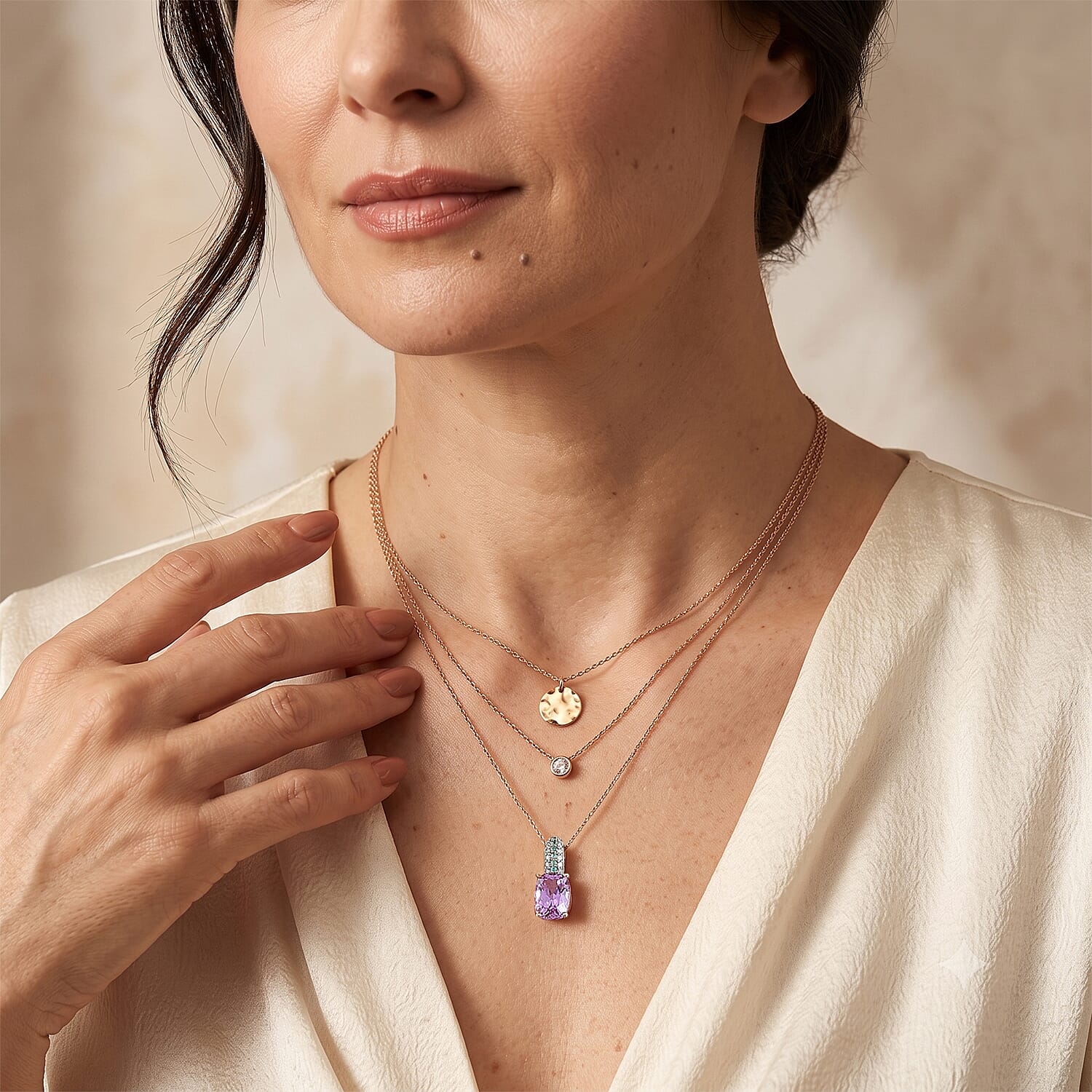 Luxoro AAA Patroke Kunzite, Paraiba Tourmaline and Diamond I2 3.40 ctw Azure Line Pendant Necklace in 10K Rose Gold 20 Inches
