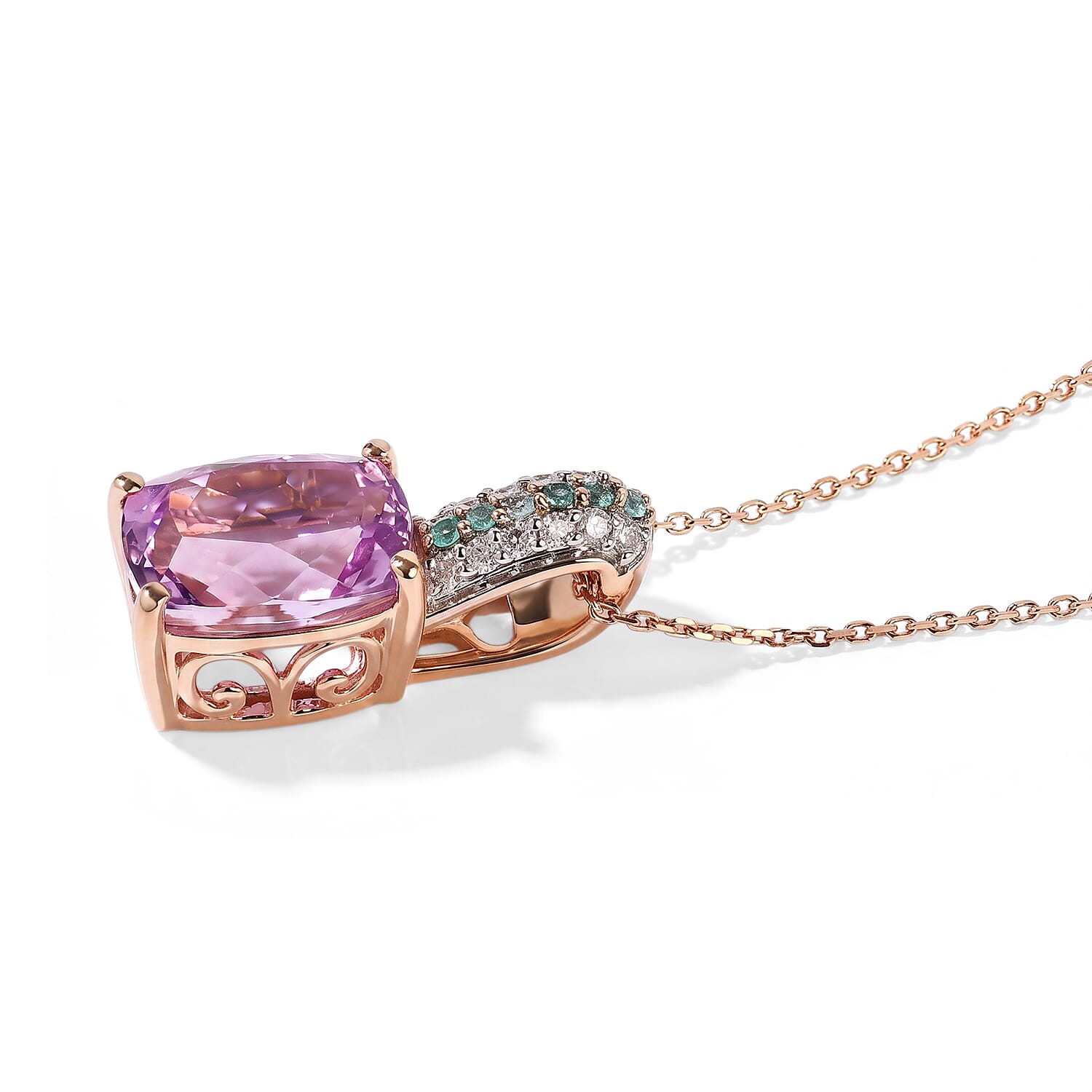 Luxoro AAA Patroke Kunzite, Paraiba Tourmaline and Diamond I2 3.40 ctw Azure Line Pendant Necklace in 10K Rose Gold 20 Inches