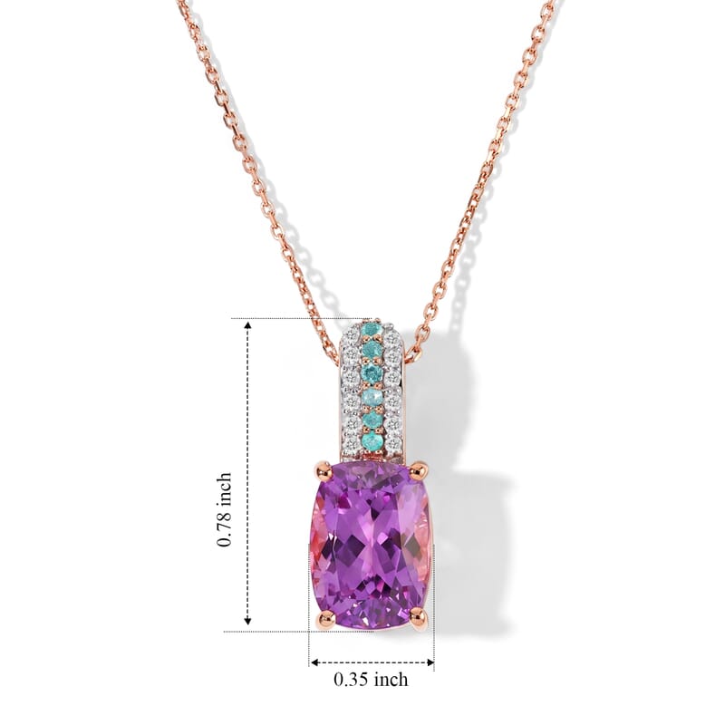 Luxoro AAA Patroke Kunzite, Paraiba Tourmaline and Diamond I2 3.40 ctw Azure Line Pendant Necklace in 10K Rose Gold 20 Inches