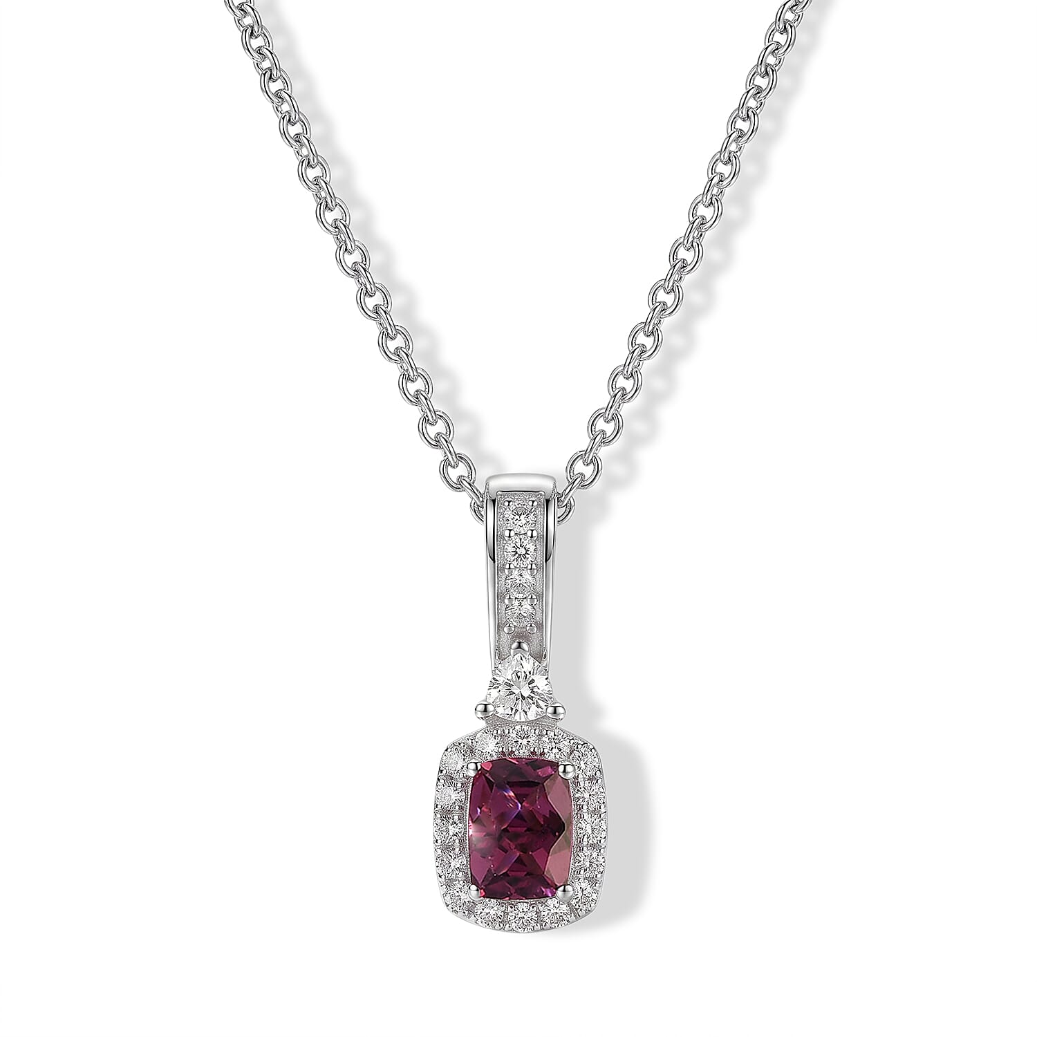 D'Joy Premium Tanzanian Wine Garnet and Moissanite 1.00 ctw Pendant Necklace in Rhodium Over Sterling Silver 20 Inches