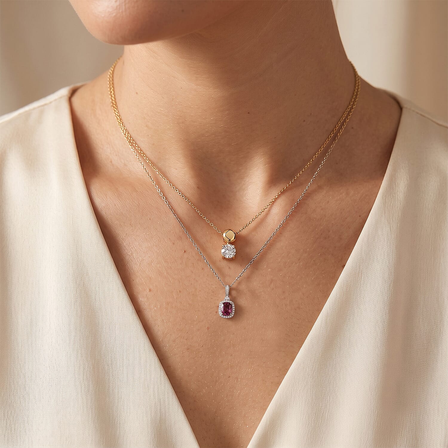 D'Joy Premium Tanzanian Wine Garnet and Moissanite 1.00 ctw Pendant Necklace in Rhodium Over Sterling Silver 20 Inches