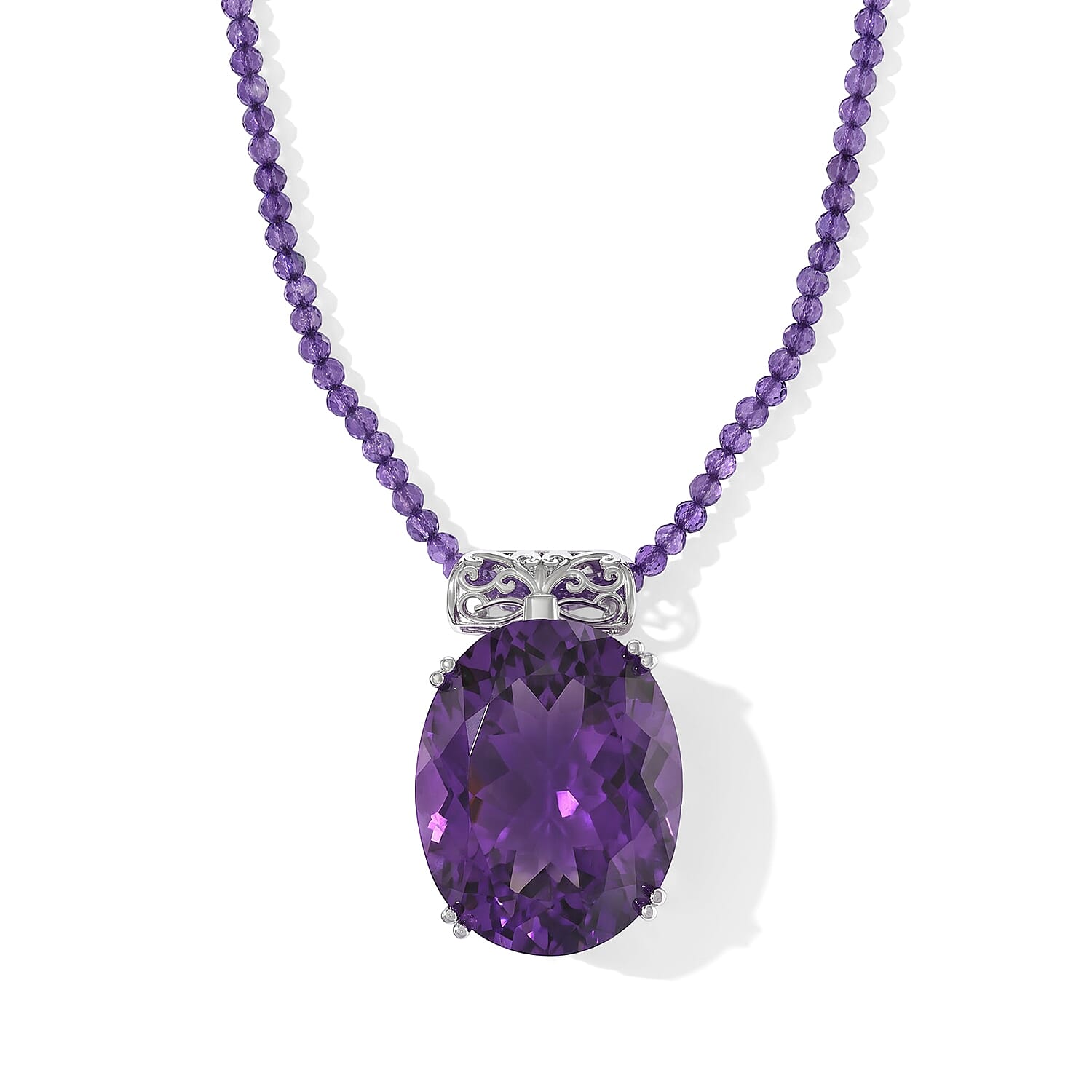 Doorbuster D'Joy African Amethyst 84.85 ctw Pendant with Beaded Necklace in Rhodium Over Sterling Silver 20 Inches