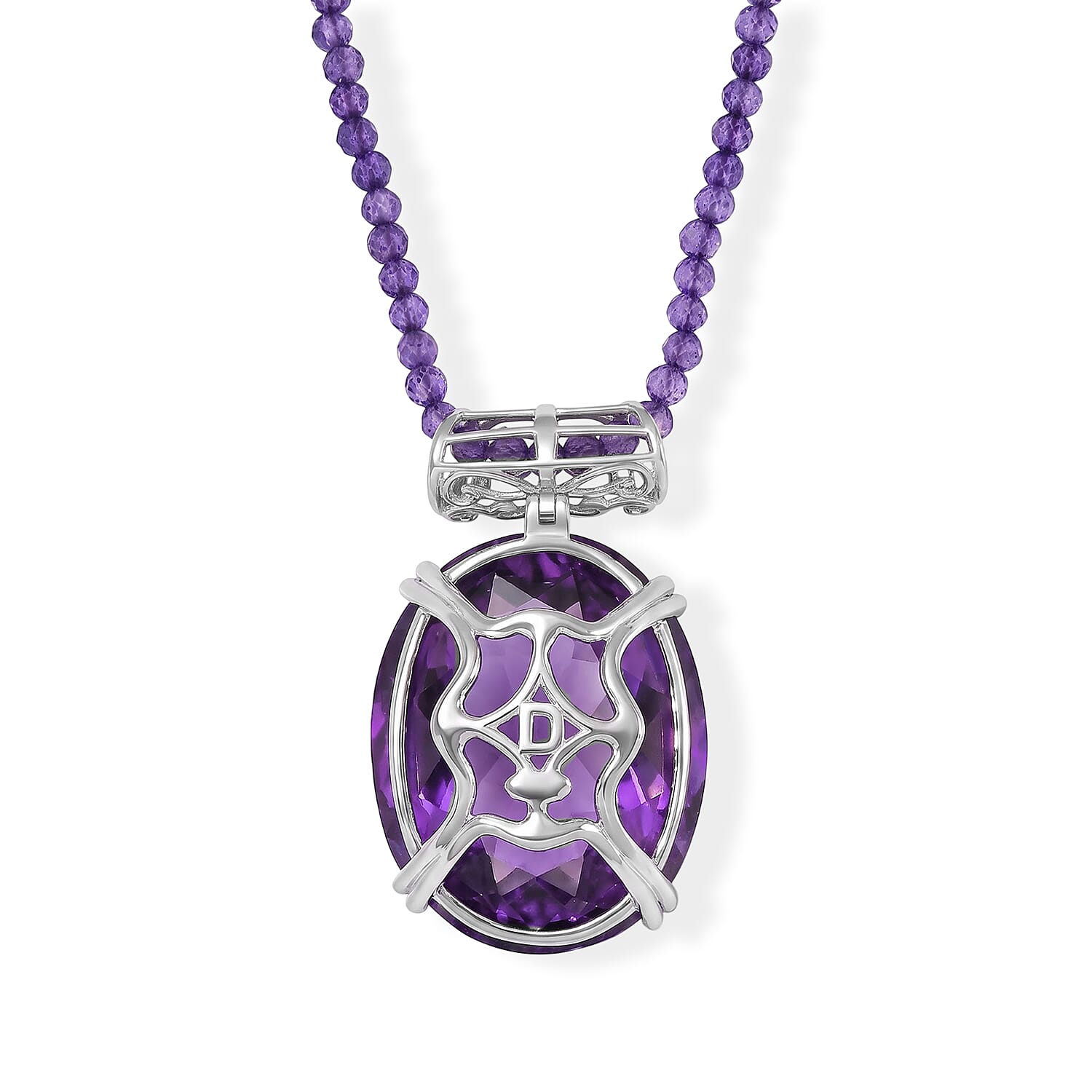 Doorbuster D'Joy African Amethyst 84.85 ctw Pendant with Beaded Necklace in Rhodium Over Sterling Silver 20 Inches
