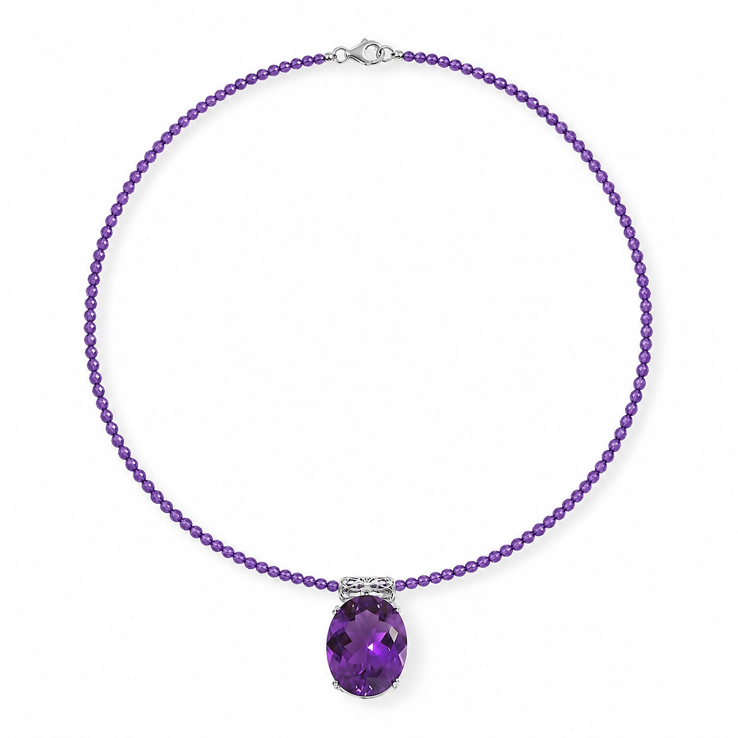 Doorbuster D'Joy African Amethyst 84.85 ctw Pendant with Beaded Necklace in Rhodium Over Sterling Silver 20 Inches