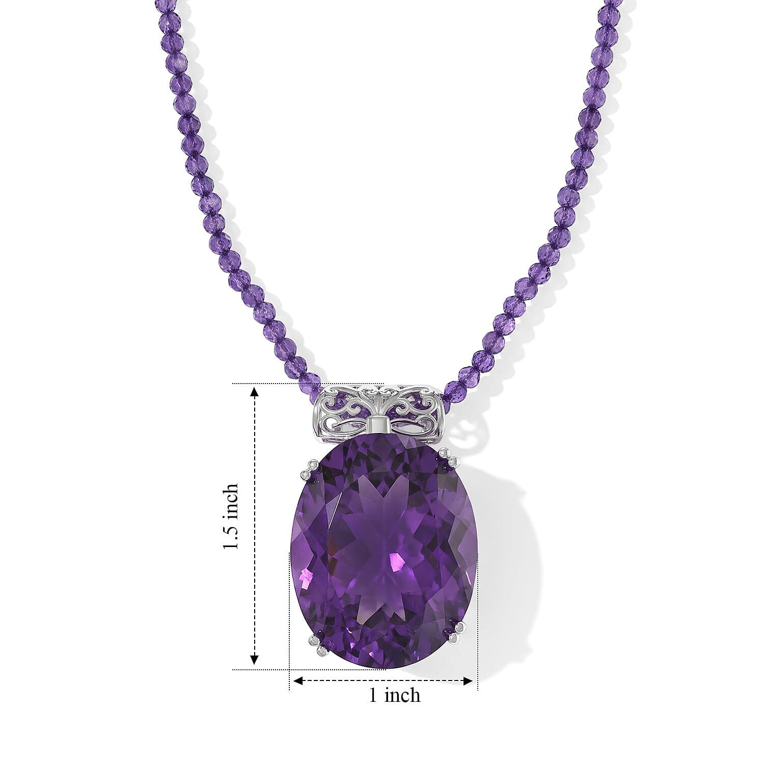 Doorbuster D'Joy African Amethyst 84.85 ctw Pendant with Beaded Necklace in Rhodium Over Sterling Silver 20 Inches