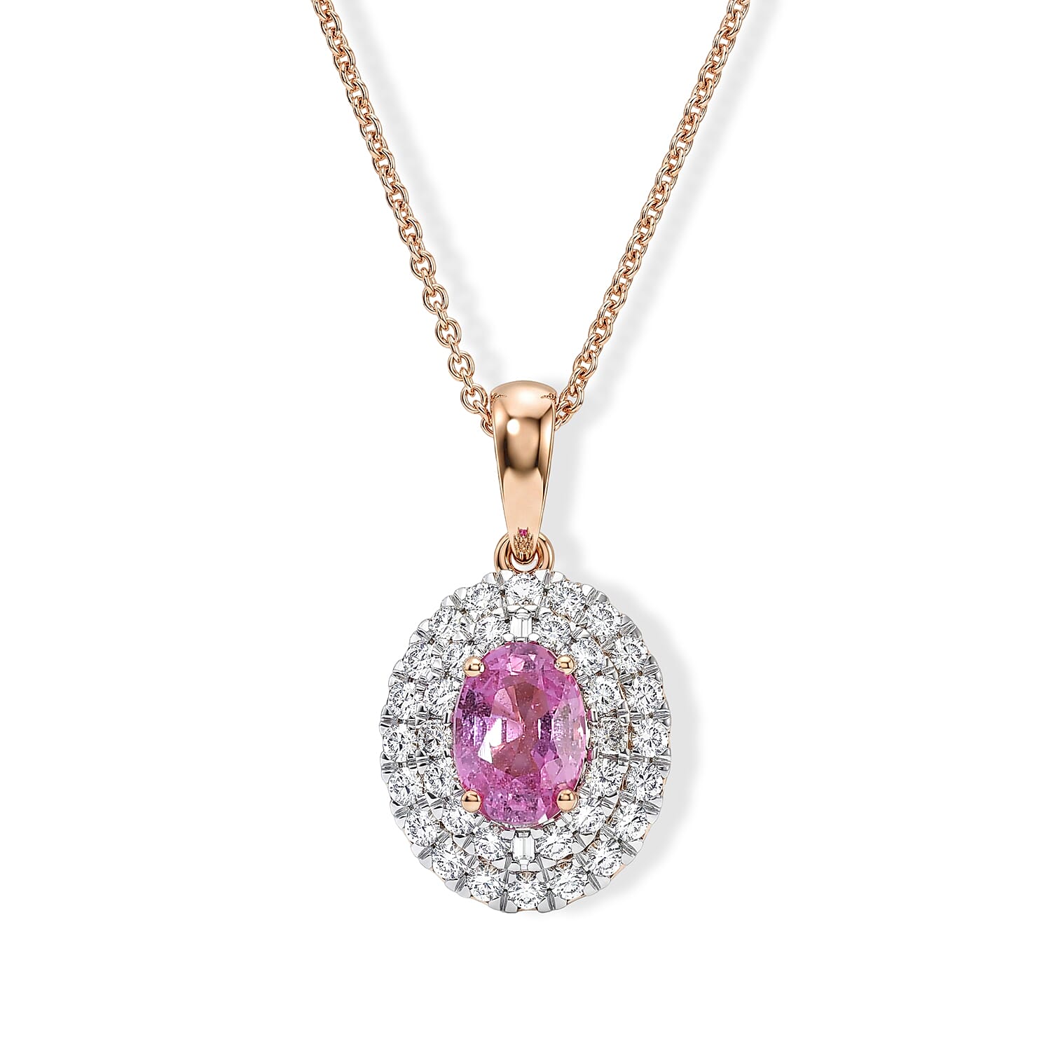 Certified and Appraised Luxoro AAA Madagascar Pink Sapphire and Diamond (I2) 1.50 ctw Pendant Necklace in 14K Rose Gold (18 Inches)