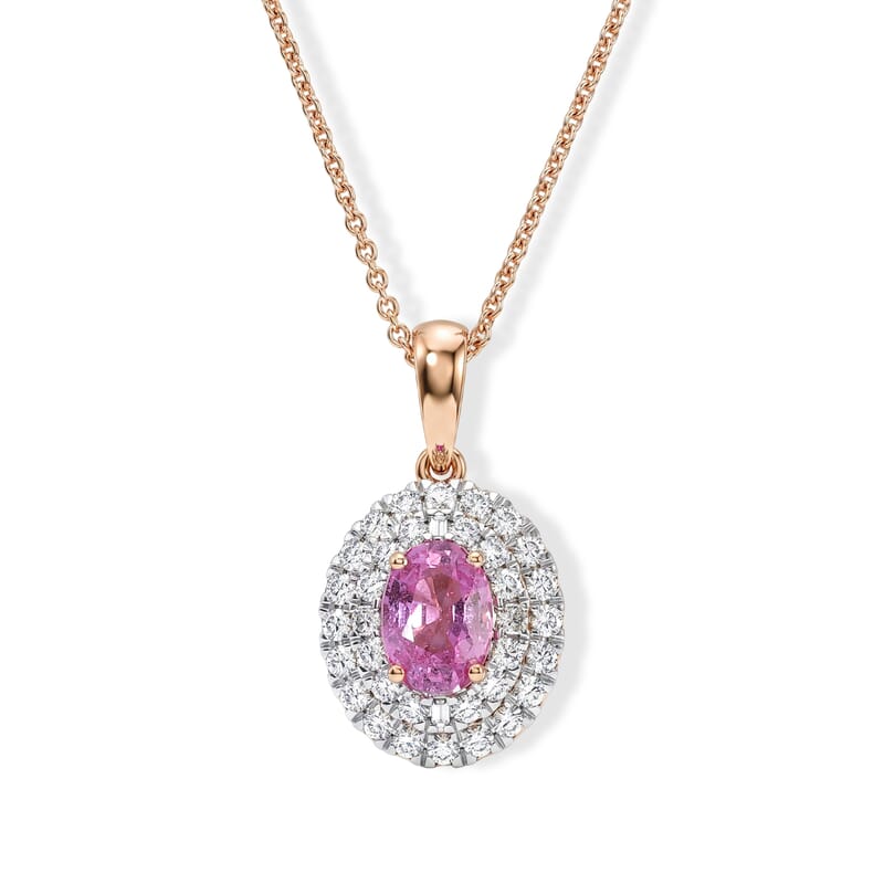 Certified and Appraised Luxoro AAA Madagascar Pink Sapphire and Diamond (I2) 1.50 ctw Pendant Necklace in 14K Rose Gold (18 Inches)