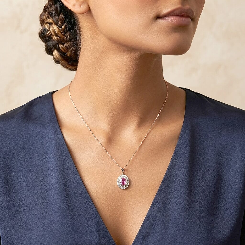 Certified and Appraised Luxoro AAA Madagascar Pink Sapphire and Diamond (I2) 1.50 ctw Pendant Necklace in 14K Rose Gold (18 Inches)