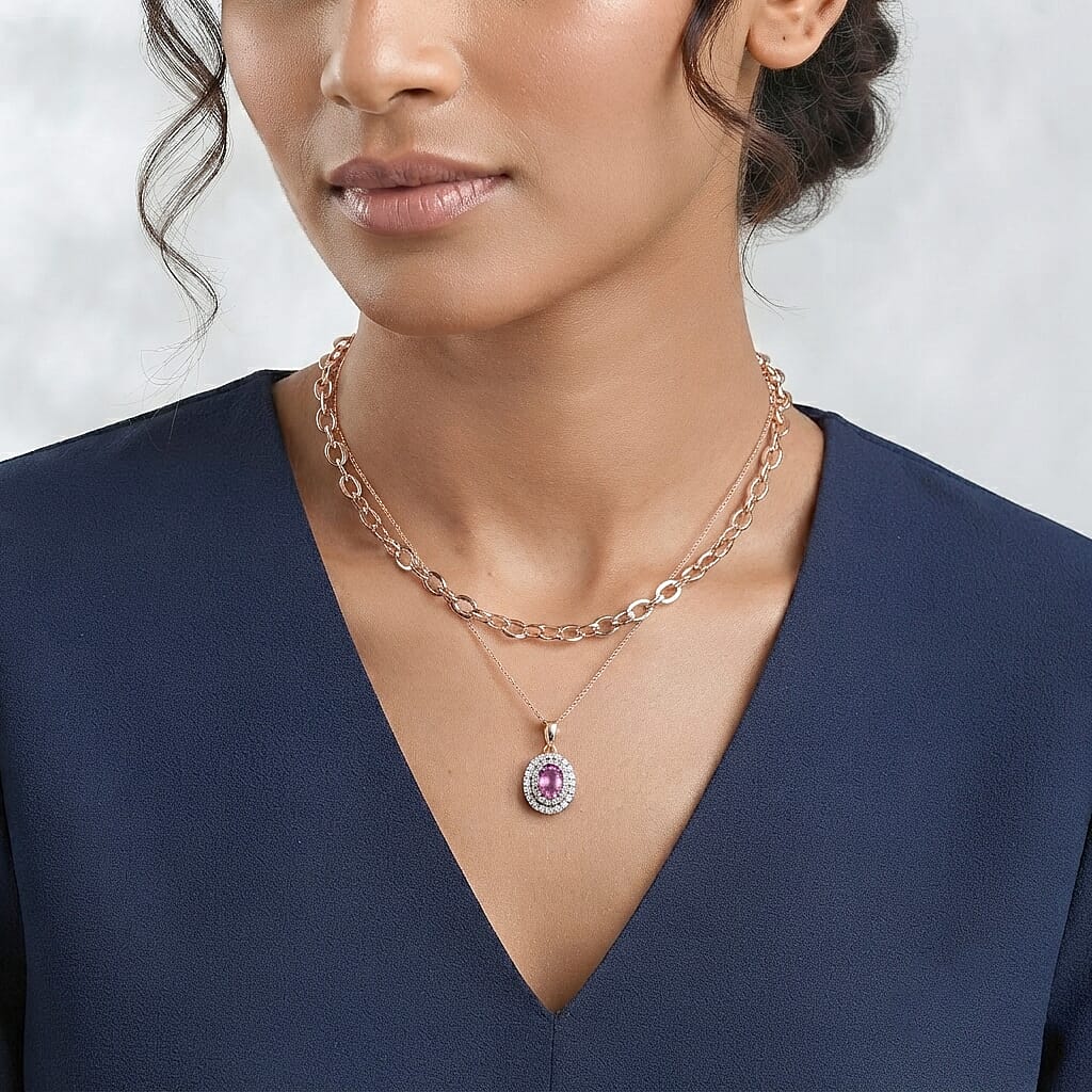 Certified and Appraised Luxoro AAA Madagascar Pink Sapphire and Diamond (I2) 1.50 ctw Pendant Necklace in 14K Rose Gold (18 Inches)