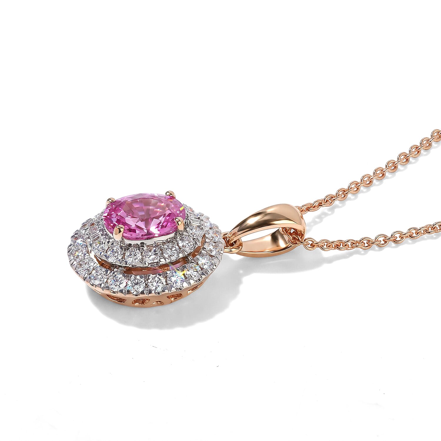 Certified and Appraised Luxoro AAA Madagascar Pink Sapphire and Diamond (I2) 1.50 ctw Pendant Necklace in 14K Rose Gold (18 Inches)
