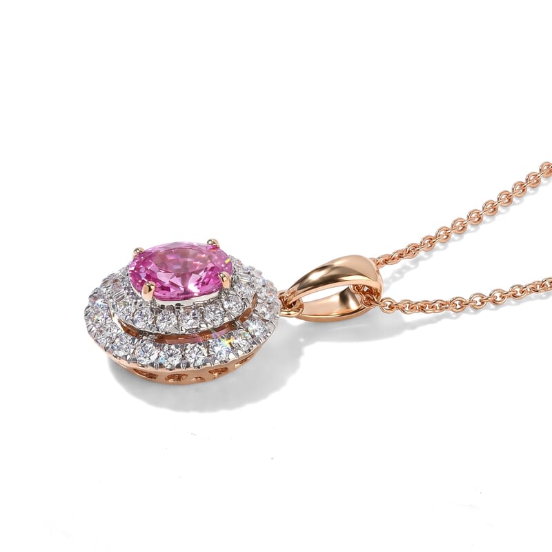 Certified and Appraised Luxoro AAA Madagascar Pink Sapphire and Diamond (I2) 1.50 ctw Pendant Necklace in 14K Rose Gold (18 Inches)