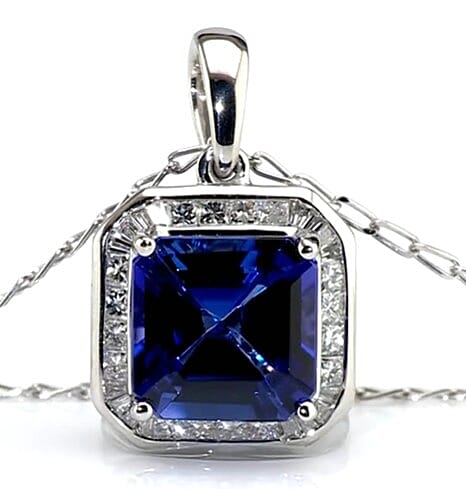 Certified & Appraised Rhapsody Asscher Cut AAAA Tanzanite and White Diamond VS-EF 2.80 ctw Pendant Necklace in 950 Platinum 18 Inches 5.40 Grams