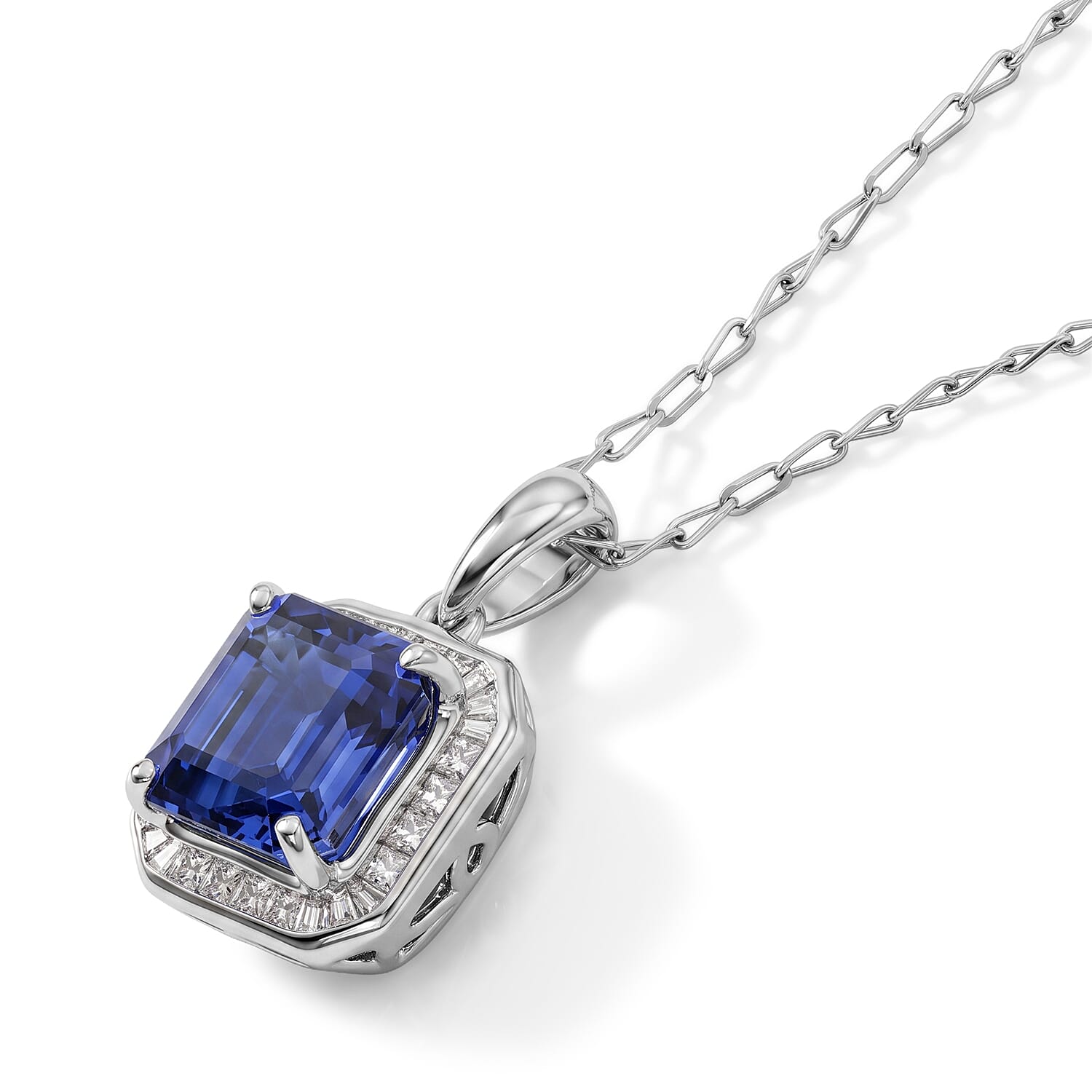 Certified & Appraised Rhapsody Asscher Cut AAAA Tanzanite and White Diamond VS-EF 2.80 ctw Pendant Necklace in 950 Platinum 18 Inches 5.40 Grams