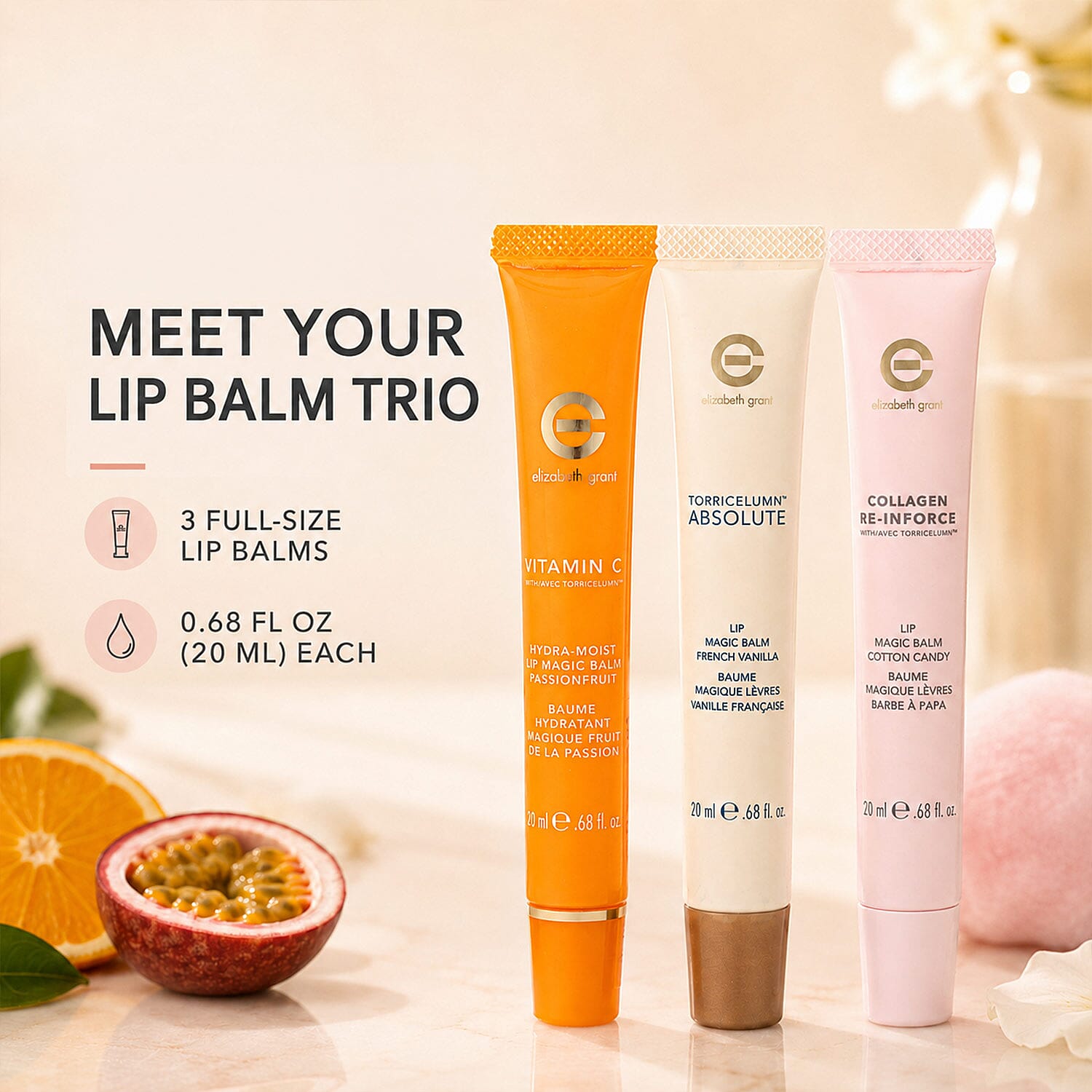 Elizabeth Grant Magic Lip Balm Trio (3x 0.68oz) Vanilla, Passionfruit, & Cotton Candy (Ships in 3-5 Days)