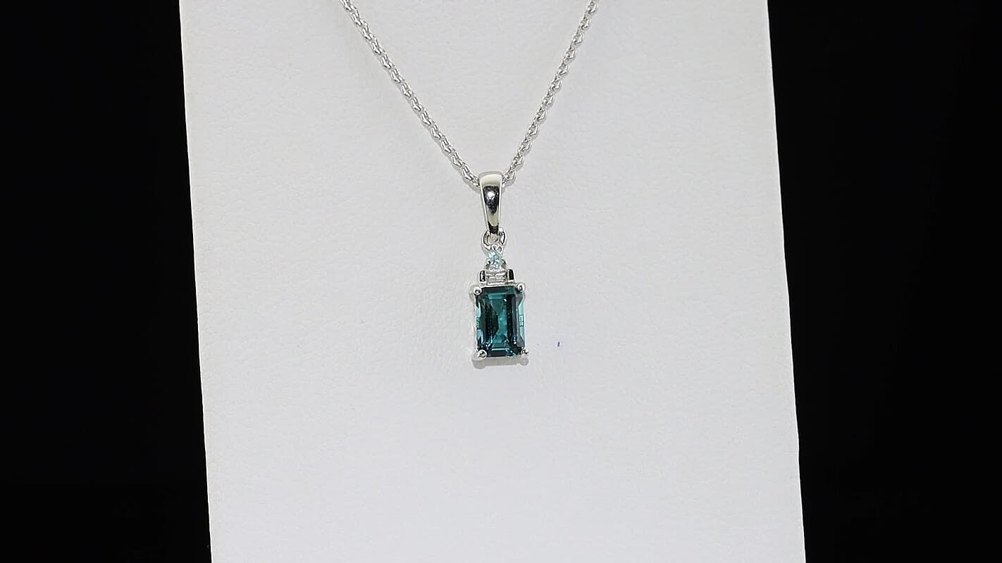 D''Joy Premium Monte Belo Indicolite, Paraiba Tourmaline and Diamond I2 0.60 ctw Pendant Necklace in Rhodium Over Sterling Silver 20 Inches