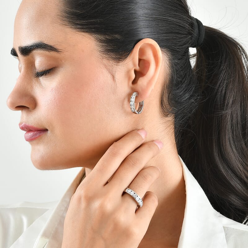EverTrue Moissanite 3.40 ctw Band Ring (Size 5.0) and Hoop Earrings in Platinum Bond