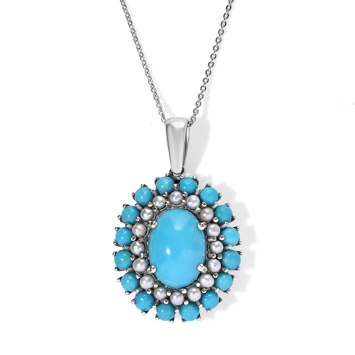 D''Joy Premium Turquoise 7.70 ctw and Freshwater Pearl Pendant Necklace in Rhodium Over Sterling Silver 20 Inches