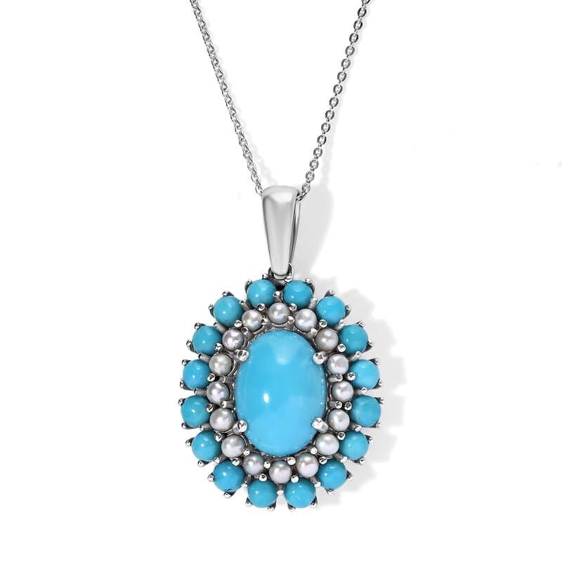 D'Joy Premium Turquoise 7.70 ctw and Freshwater Pearl Elegance Pendant Necklace in Rhodium Over Sterling Silver 20 Inches