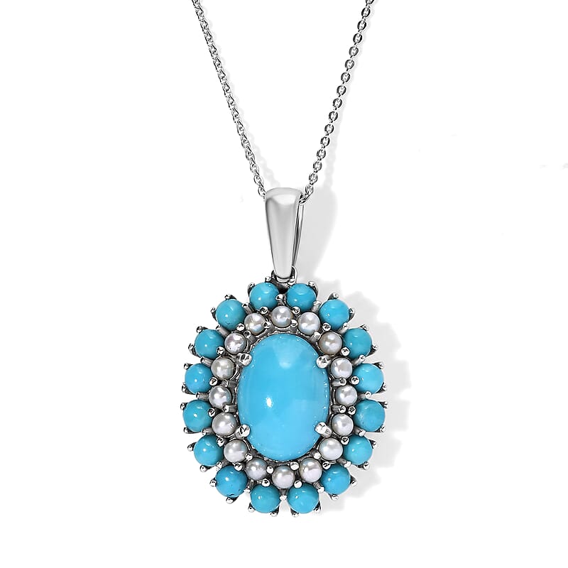 D'Joy Premium Turquoise 7.70 ctw and Freshwater Pearl Pendant Necklace in Rhodium Over Sterling Silver 20 Inches