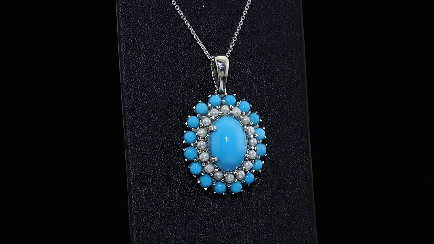 D''Joy Premium Turquoise 7.70 ctw and Freshwater Pearl Pendant Necklace in Rhodium Over Sterling Silver 20 Inches